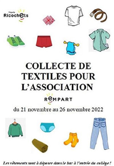 Affiche - Collecte de textiles pour l'association Rempart du 21 au 26 novembre 2022